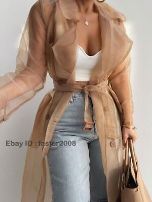 Womens Mesh Long Sleeve Buttoned Thin Coat With Belt Mid Long Shirts Jacket HOT $31.88