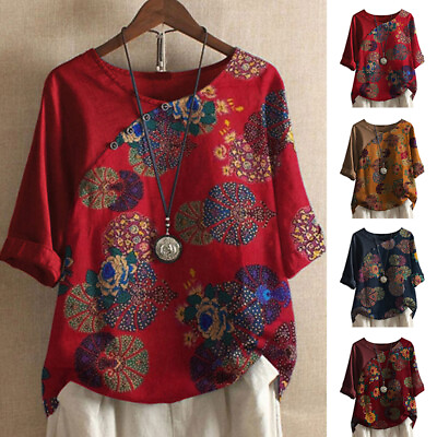 #ad Women#x27;s Loose Blouse Tops Lady Retro Tops Summer Boho T Shirts Print Floral Tee $12.30