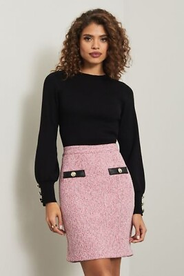 #ad 2 In1 Boucle Tweed Skirt Dress Size 16 Black Pink Party Long Sleeve Button GBP 42.99