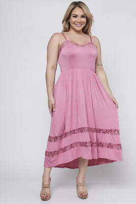#ad Womens Plus Size Rose Pink Midi Sundress 2X Lace Accent Spaghetti Strap $29.95