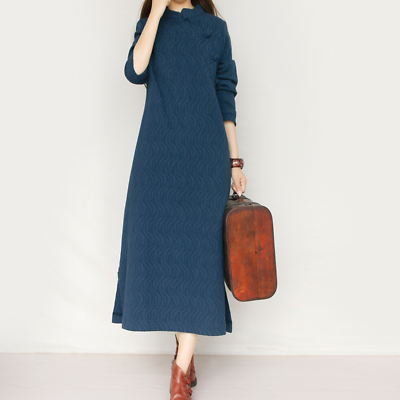 Women Linen Cotton Maxi Dress Long Sleeve Loose Retro Chinese Style Casual Qipao $44.45