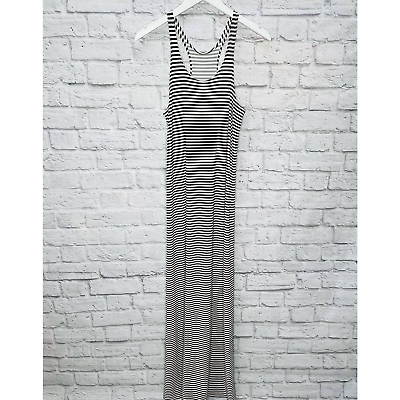 #ad KamaliKulture Womens Black Ivory Striped Maxi Dress Racer Back Size S $39.95
