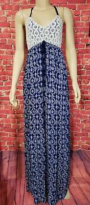 #ad Blue Lace Festival Maxi Dress Women Size S Small Retro Boho Hippie $16.99
