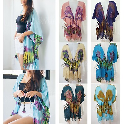 #ad Ladies Tie Dye Beach Cover Up Wrap Top Kimono Tassel Kaftan Batwing Sleeve TDC AU $22.95