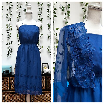 #ad Vintage 70s Mini Dress Blue Floral Embroidery Eyelets Jacket Boho Sundress XS S $39.99