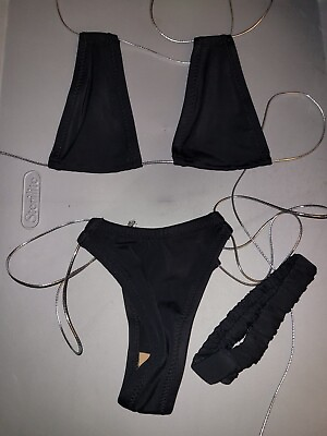 #ad NWT Sexy Skimpy Handmade Black w Silver Strings Tri Top Thong Bottom Bikini $79.00