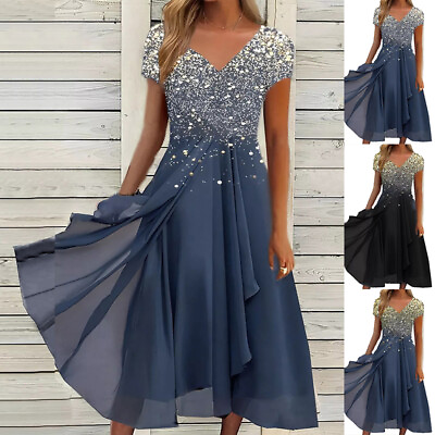 Short Midi Plus Dress Swing Women Size Cocktail Evening Print Gown Party Sleeve $19.38