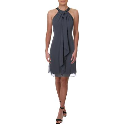 #ad SLNY Womens Gray Beaded Halter Ruffled Cocktail Dress 16 BHFO 1932 $35.99