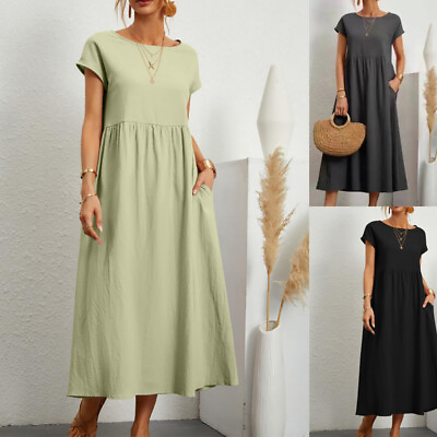 Women Cotton Linen T Shirt Dress Short Sleeve Pockets Casual Loose Long Dress $14.75