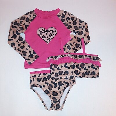 #ad Lily amp; Dan Girls 3 Piece Swim Set Bikini Rash Guard Long Sleeve Pink Leopard New $26.99