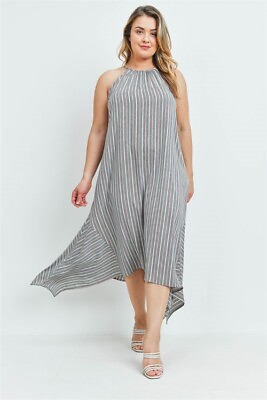 #ad Womens Plus Size Gray Stripe Midi Maxi Dress 3XL Halter Neckline $29.95