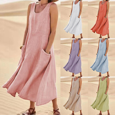Women#x27;s Cotton Linen Sleeveless Maxi Dress Ladies Solid Pockets Summer Sundress $13.49