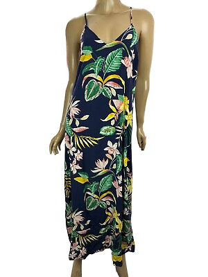 #ad #ad Old Navy Maxi Dress Size L Spaghetti Straps Navy Blue w Floral PinkYellowGreen $15.98