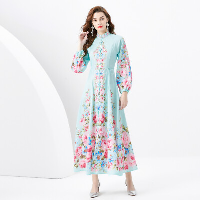 #ad Spring Fall Floral Print Stand Neck Bow Loops Lantern Sleeve Women Maxi Dresses $31.99