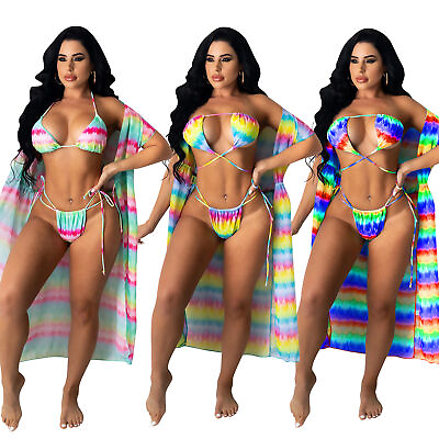 #ad Fashion New Women Sleeveless Print Beach Bikini 2pcs with Cape Swimwear Summer $34.41