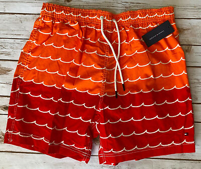 #ad TOMMY HILFIGER 6.5quot; COSTAL SWIMMING TRUNKS ORANGE RED WAVES MENS XL NEW $69 $24.99
