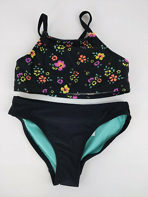Girls Beach Bikini Swimsuit Bathing 2 Piece Set Black Floral Bottom XS 4 5 NWT $12.00
