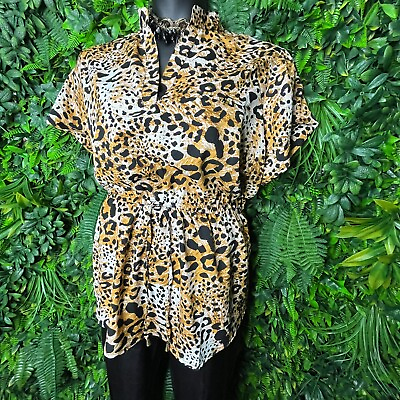 Women Fashion Plus 3XL Brown Blouse V Neck Leopard Print Short Sleeve NWT 0229 $7.50