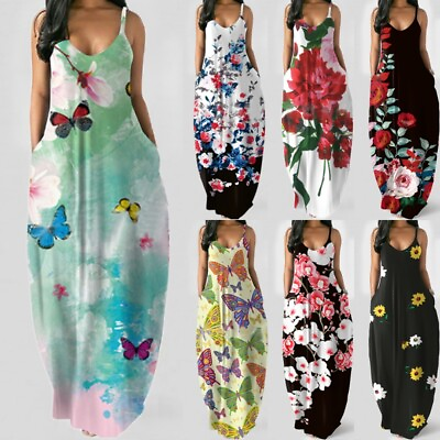 Ladies Loose Floral Maxi Dress Womens Casual Sleeveless Pocket Party Long Dress $21.26