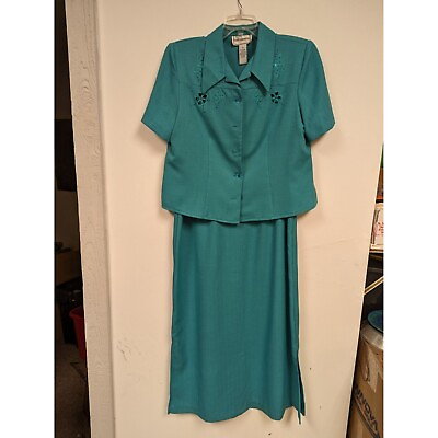 #ad Karin Stevens Womens Size 16 2 Piece Teal Blue Green Jacket Dress Suit Set $16.96