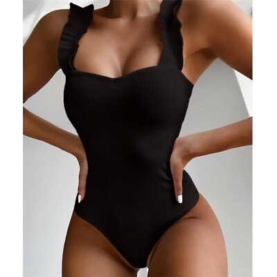 #ad Women One Piece Swimsuit Push Up Bikini Colorful Solid High Waist Swimwear Cute $42.28