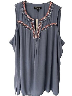Whispers Top Womens 2X Slate Blue Embroidered Tank Blouse Tunic BOHO V Neck NWT $28.00