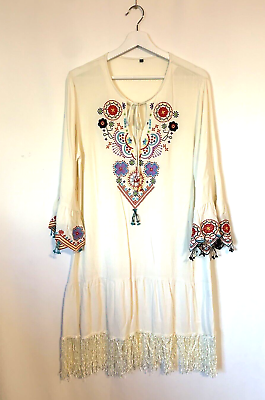 #ad Bohemian Dress XXL Cream Aline Fringe Boho Embroidered Floral Stretch $29.99