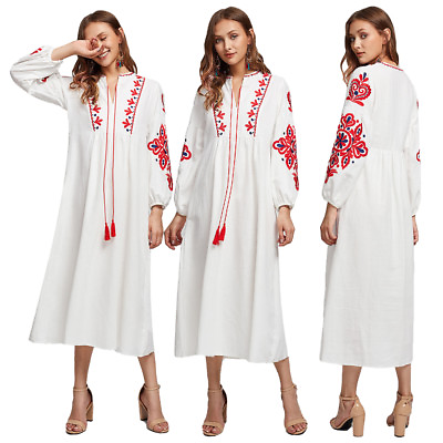 #ad #ad Vyshyvanka Women Folk Ethnic Embroidery Boho Long Sleeve Maxi Dress Abaya Gowns $22.75
