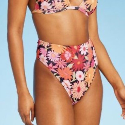#ad Wild Fable Floral High Waist Cheeky Bikini Bottoms High Cut Leg Women XS NEW $8.39