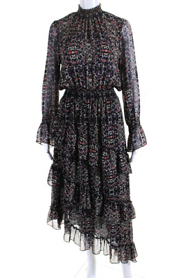 #ad Misa Womens Floral Stretch Waist High Neck Long Sleeve Maxi Dress Black Size S $56.72