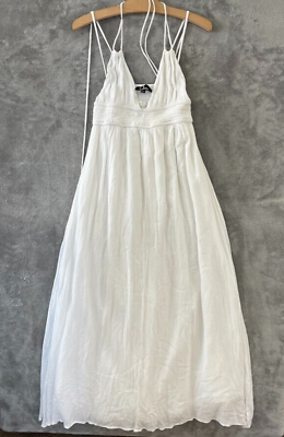 #ad Lulus White Halter Strappy Boho Maxi Dress Smocked Beach Sundress Cotton Sz S $35.00