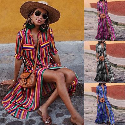 #ad Women Button Striped Casual Loose Long Maxi Dress Boho Long Shirt Dress Fashion# $26.82