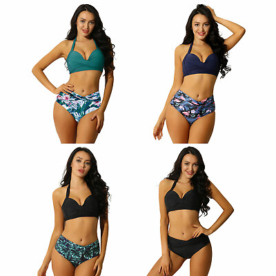 #ad Womens Swimwear Bathing Suits Two Piece Halter Ruched High Waist Bikini Swimwear $19.20