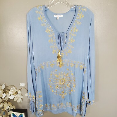 #ad Flint amp; Moss Beach Cover Up Tunic Top Womens Size Small Blue Gold Embroidered $20.99