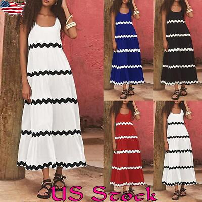 #ad Womens Striped Sleeveless Casual Holiday Sundress Ladies Loose Tank Dress Beach $31.49