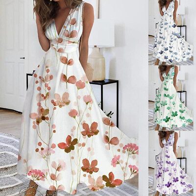 #ad Womens V Neck Floral Sleeveless Long Maxi Dress Ladies Holiday Beach Sundress $23.09