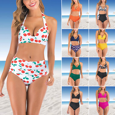 #ad Women Two Piece Bikini Set Swimsuit Swimwear Summer Halter High Waist Beachwear $18.55
