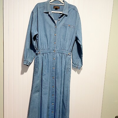 #ad Vintage Eddie Bauer Denim Maxi Dress Long Sleeves Size Large $35.00