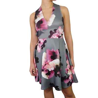 #ad Charlotte Russe Purple Floral Plunge Neck Open Back Mini Cocktail Dress Small $32.00