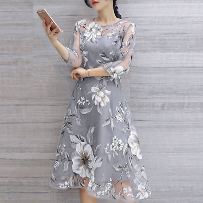 #ad Elegant Womens Long Sleeve Organza Floral Evening Party Cocktail Long Maxi Dress $22.79
