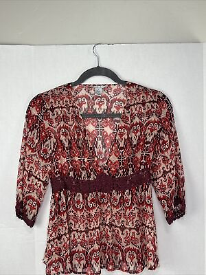 #ad Cabi Women#x27;s 100% Silk Top Blouse 3 4 Sleeve Embroidery Boho Medium $11.49