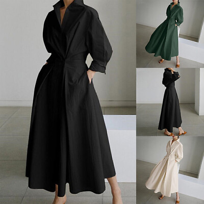 Womens Cotton Linen Loose Maxi Dress Long Sleeve Casual Swing Shirt Dress ❤CA C $18.32