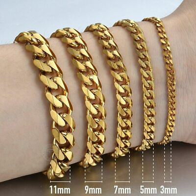 #ad Men#x27;s Gold Plated Stainless Steel Curb Cuban Chain Link Bracelet 3 5 7 9 11 mm $8.39