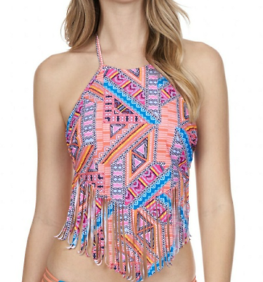 Women#x27;s Small High Neck Geometric Print Bikini Fringe Halter Swim Top NWT $14.00