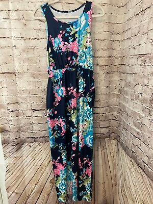 #ad Womens Maxi Dress Medium Navy Blue Floral Full Length Sleeveless Pockets Stretch $18.04