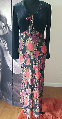 CAROLE LITTLE DRESSES Women Black Velvet Floral Rayon Long Maxi V Neck Dress 12 $70.00