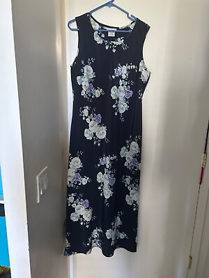 #ad Size 18 Navy Floral Long Sleeveless Dress Preowned $11.45