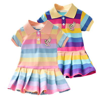 #ad Kids Girl A Lines Dress Short Sleeve Rainbow Princess Dress Casual Striped Dress $13.01