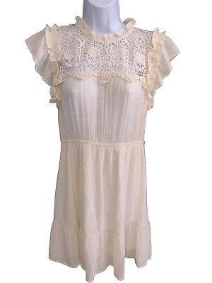 #ad MINE Boho Dress Woman#x27;s Size Large Sheath Floral Lace Creme Elastic Waist $17.99