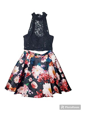 #ad B. Darlin 2 Piece Skirt Set Size 7 8 Black Lace Floral Formal Homecoming Prom $24.99